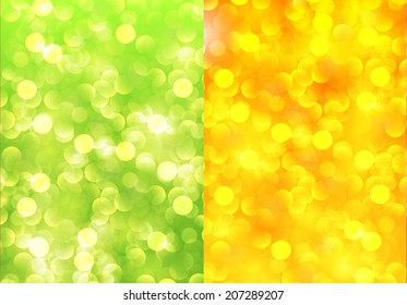 Vector glittery lights green and yellow abstract Christmas background. 