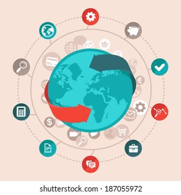 Vector global business concept in flat style - worldwide network and online communication icons and signs