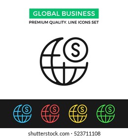 Vector global business icon. Earth globe and dollar sign. Premium quality graphic design. Signs, outline symbols collection, simple thin line icons set for website, web design, mobile app, infographic