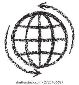 Vector global exchange icon with globe and circular arrows. Dark brown textured charcoal sketch in a linear style on transparent background. World logistics and data synchronization concept