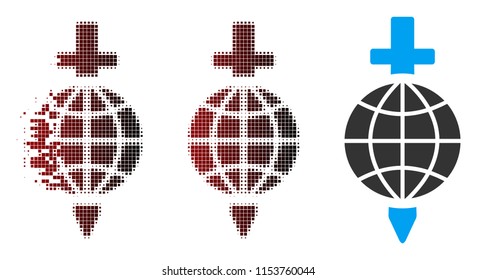 Vector global safety icon in dispersed, dotted halftone and undamaged entire variants. Disappearing effect uses rectangular dots and horizontal gradient from red to black.