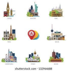 Vector Global Travel Destinations Icon Set. Includes Symbols And Landmarks Of London, UK; New York, USA, Rome, Italy; Paris, France; Berlin, Germany; Buenos Aires; Sydney, Australia And Beijing, China