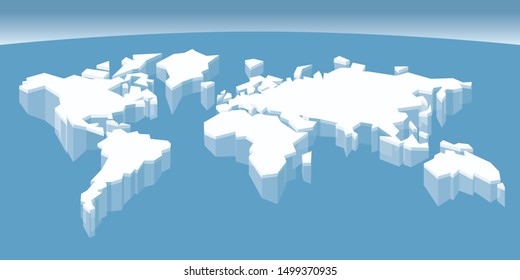 Vector Global Warming Concept. Conceptual Image Of Melting World Shaped Glacier In Deep Blue Water. Melting Ice Map Of World. Effect Of Global Warming In Nature