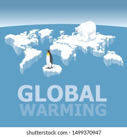 Vector Global Warming Concept. Conceptual Image Of Melting World Shaped Glacier In Deep Blue Water. Melting Ice Map Of World With Animals Bear And Penguin