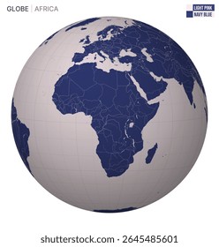 Globo Vetor centrado na África. Azul-marinho rosa claro paleta. Mapa do mundo com meridianos, paralelos, países, rios e lagos. Ilustração de vetor cativante.