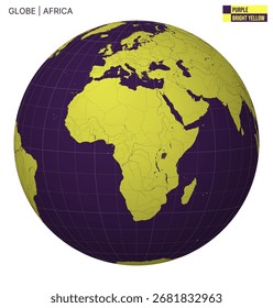 Vector Globe centered to Africa. Purple Bright Yellow palette. World map with meridians, parallels, countries, rivers and lakes. Alive vector illustration.