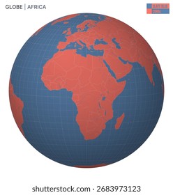 Vektorglobus mit Schwerpunkt Afrika. Schiefer Blau Korallen Palette. Weltkarte mit Meridianen, Parallelen, Ländern, Flüssen und Seen. Künstlerische Vektorgrafik.