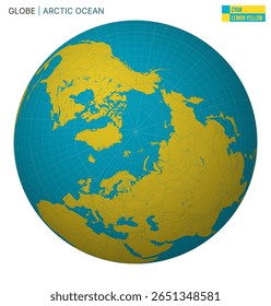 Vector Globe centered to Arctic Ocean. Cyan Lemon Yellow palette. World map with meridians, parallels, countries, rivers and lakes. Neat vector illustration.