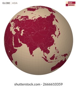Vector globe centered to Asia in a peach and burgundy palette. World map with meridians, parallels, countries, rivers, and lakes. Appealing vector illustration.