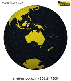 Globo de Vector centrado en Australia. Charcoal Paleta Amarillo Brillante. Mapa mundial con meridianos, paralelos, países, ríos y lagos. Ilustración vectorial Auténtica.