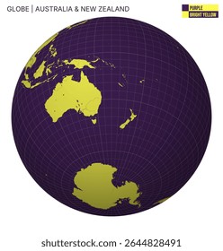 Vector Globe centered to Australia and New Zealand. Purple Bright Yellow palette. World map with meridians, parallels, countries, rivers and lakes. Awesome vector illustration.