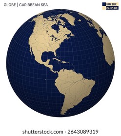 Vector Globe centered to Caribbean Sea. Dark Blue Pale Peach palette. World map with meridians, parallels, countries, rivers and lakes. Trending vector illustration.