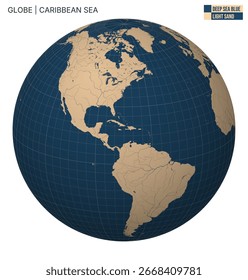 Vector Globe centered to Caribbean Sea. Deep Sea Blue Light Sand palette. World map with meridians, parallels, countries, rivers, and lakes. Stylish vector illustration.