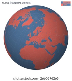 Globo vetorial centrado na Europa Central. Paleta de coral azul ardósia. Mapa do mundo com meridianos, paralelos, países, rios e lagos. Ilustração de vetor ativo.
