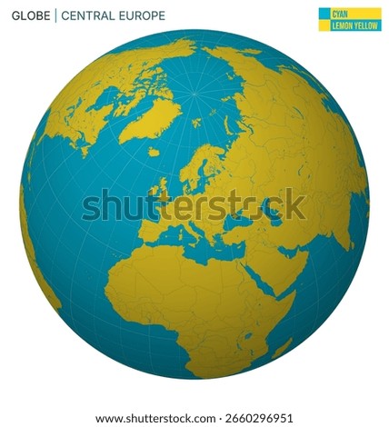 Vector Globe centered to Central Europe. Cyan Lemon Yellow palette. World map with meridians, parallels, countries, rivers and lakes. Captivating vector illustration.