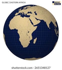 Vector Globe centered to Eastern Africa. Dark Blue Pale Peach palette. World map with meridians, parallels, countries, rivers and lakes. Awesome vector illustration.