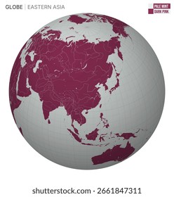 Vetor Globe centrado na Ásia Oriental. Paleta de menta pálida rosa escuro. Mapa do mundo com meridianos, paralelos, países, rios e lagos. Ilustração de vetor criativo.