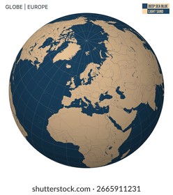 Vector Globe centered to Europe. Deep Sea Blue Light Sand palette. World map with meridians, parallels, countries, rivers and lakes. Charming vector illustration.