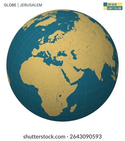 Vector Globe centered to Jerusalem. Sky Blue Light Yellow palette. World map with meridians, parallels, countries, rivers and lakes. Stylish vector illustration.