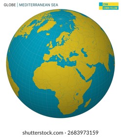 Vector Globe centered to Mediterranean Sea. Cyan Lemon Yellow palette. World map with meridians, parallels, countries, rivers and lakes. Stylish vector illustration.