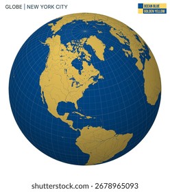 Globo de Vector centrado en la Nueva ciudad de York. Ocean Blue Paleta de oro amarillo. Mapa mundial con meridianos, paralelos, países, ríos y lagos. Ilustración vectorial Auténtica.