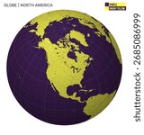Vector Globe centered to North America. Purple Bright Yellow palette. World map with meridians, parallels, countries, rivers and lakes. Alive vector illustration.