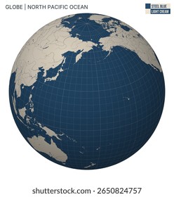 Globo vetorial centrado no Oceano Pacífico Norte. Paleta de aço azul creme de luz. Mapa do mundo com meridianos, paralelos, países, rios e lagos. Ilustração de vetor elegante.