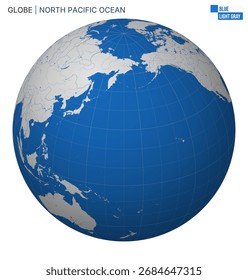 Globo vetorial centrado no Oceano Pacífico Norte. paleta Cinza claro azul. Mapa do mundo com meridianos, paralelos, países, rios e lagos. Ilustração de vetor encantador.