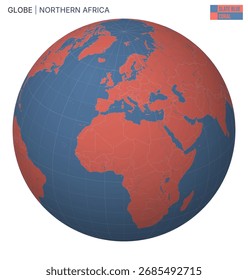 Globo de Vector centrado en el norte de África. Paleta Coral Azul Pizarra. Mapa mundial con meridianos, paralelos, países, ríos y lagos. Ilustración vectorial de tendencia.