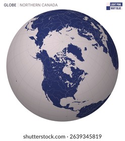 Vector Globe centered to Northern Canada. Light Pink Navy Blue palette. World map with meridians, parallels, countries, rivers and lakes. Modern vector illustration.