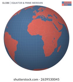 Vector globe centered on the Equator and Prime Meridian. Features a slate blue and coral palette with meridians, parallels, countries, rivers, and lakes. A vibrant vector illustration.