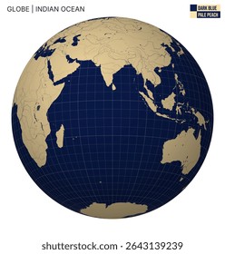 Vector globe centered on the Indian Ocean. Dark blue and pale peach palette. World map with meridians, parallels, countries, rivers, and lakes. Alive vector illustration.