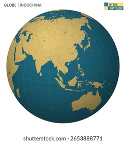 Globo vetorial centrado na Indochina. Paleta Amarelo Claro Azul Céu. Mapa do mundo com meridianos, paralelos, países, rios e lagos. Ilustração de vetor elegante.