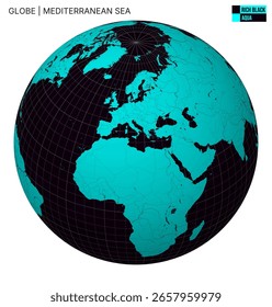 Vetor Globe centrado no Mar Mediterrâneo. Paleta Aqua Preto Rico. Mapa do mundo com meridianos, paralelos, países, rios e lagos. Ilustração vetorial clássica.
