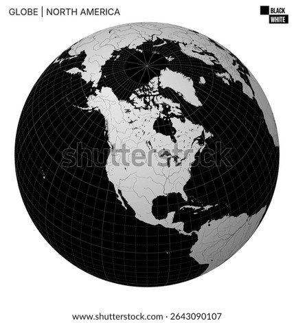 Vector globe centered on North America. Black and white palette. World map with meridians, parallels, countries, rivers, and lakes. Appealing vector illustration.