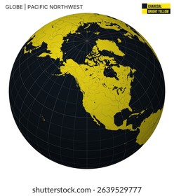 Vector globe centered on the Pacific Northwest. Charcoal and bright yellow palette. World map with meridians, parallels, countries, rivers, and lakes. Neat vector illustration.