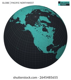 Globo vetorial centrado no noroeste do Pacífico. Paleta Turquesa a carvão escuro. Mapa do mundo com meridianos, paralelos, países, rios e lagos. Ilustração de vetor vibrante.