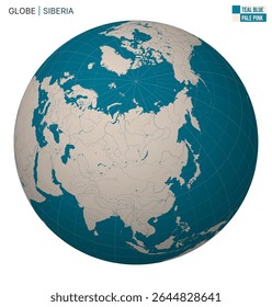 Globo vetorial centrado na Sibéria. Paleta azul azul azul claro rosa. Mapa do mundo com meridianos, paralelos, países, rios e lagos. Ilustração vetorial perfeita.