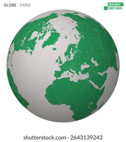 Vector Globe centered to Paris. Snow White Forest Green palette. World map with meridians, parallels, countries, rivers and lakes. Elegant vector illustration.
