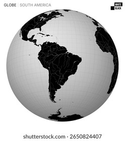 Vector Globe centered to South America. White Black palette. World map with meridians, parallels, countries, rivers and lakes. Classy vector illustration.