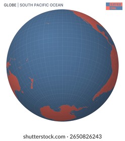 Globo vetorial centrado no Oceano Pacífico Sul. Paleta de coral azul ardósia. Mapa do mundo com meridianos, paralelos, países, rios e lagos. Ilustração de vetor surpreendente.