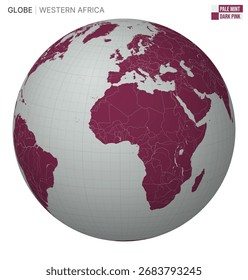 Globo de Vector centrado en África Occidental. Pale Mint Dark Pink. Mapa mundial con meridianos, paralelos, países, ríos y lagos. Ilustración vectorial moderna.