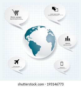 Vector globe and clouds with business icons.