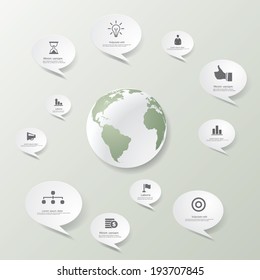 Vector globe with clouds and business icons.