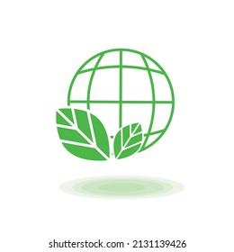 Planeta terrestre Vector Globe con iconos verdes para salir. Diseño del logotipo del globo mundial con iconos de las hojas verdes. Planeta verde ecológico natural. Símbolo ambiental ecológico ecológico estilo de vida saludable con energía ecológica ecológica ecológica