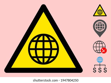 Vector globe flat warning sign. Triangle icon uses black and yellow colors. Symbol style is a flat globe hazard sign on a pink background. Icons designed for careful signals, road signs,