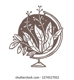 Vektorillustration mit Blumenstrauß, Pflanzen, Blattwerk und Blättern. Planet Earth Illustration mit Öko- und Ökologie-Idee. Kreatives Logo, Emblem oder Label-Konzept, Symbol für Bildung und Abenteuer