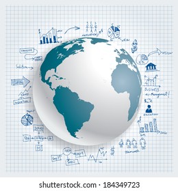 Vector globe with hand drawn business elements.