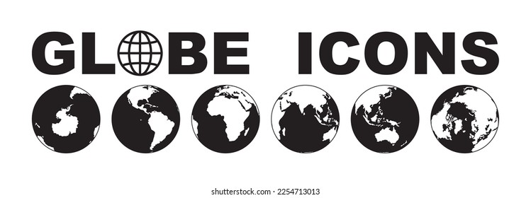 Vector globe icon of the world. Earth hemispheres with continents. Black oceans, white continents.
