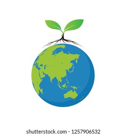 Vector icono del mundo con crecimiento del árbol